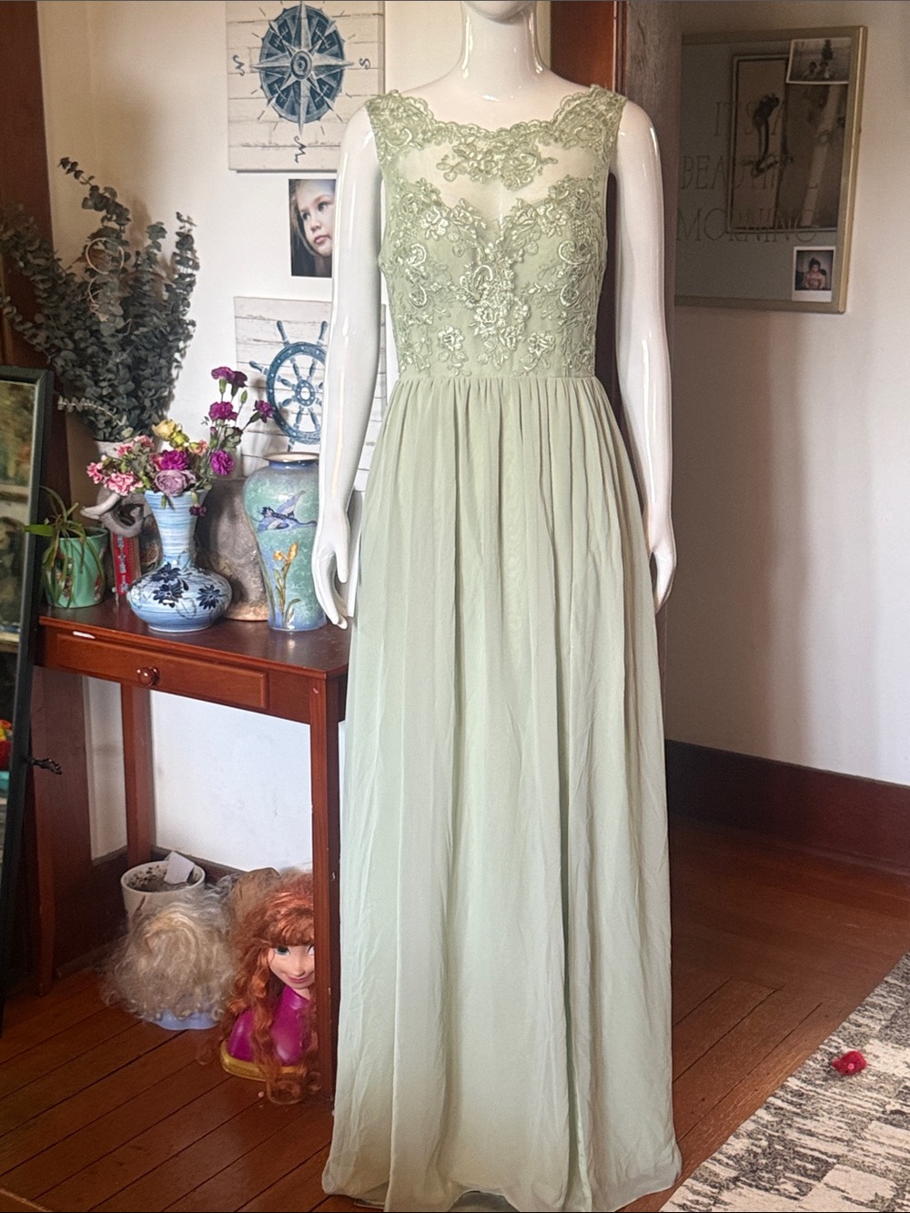 NWT prom/bridesmaid size 12 Elegant Lace Bodice Maxi  in Sage Green by Azazie